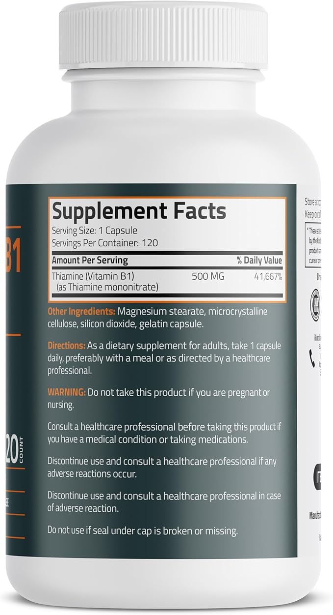 Bronson Vitamin B1 Extra Strength 500 MG High Potency Non-GMO, 120 Capsules