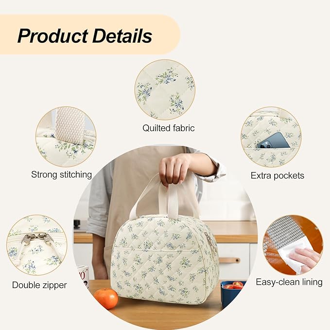 Lunch Box for Women,Cute Quilted Lunch Tote Bag,Reusable Insulated Lunch Box,Large Capacity Cooler Bag with Compartments for Work, Picnics or Travelling