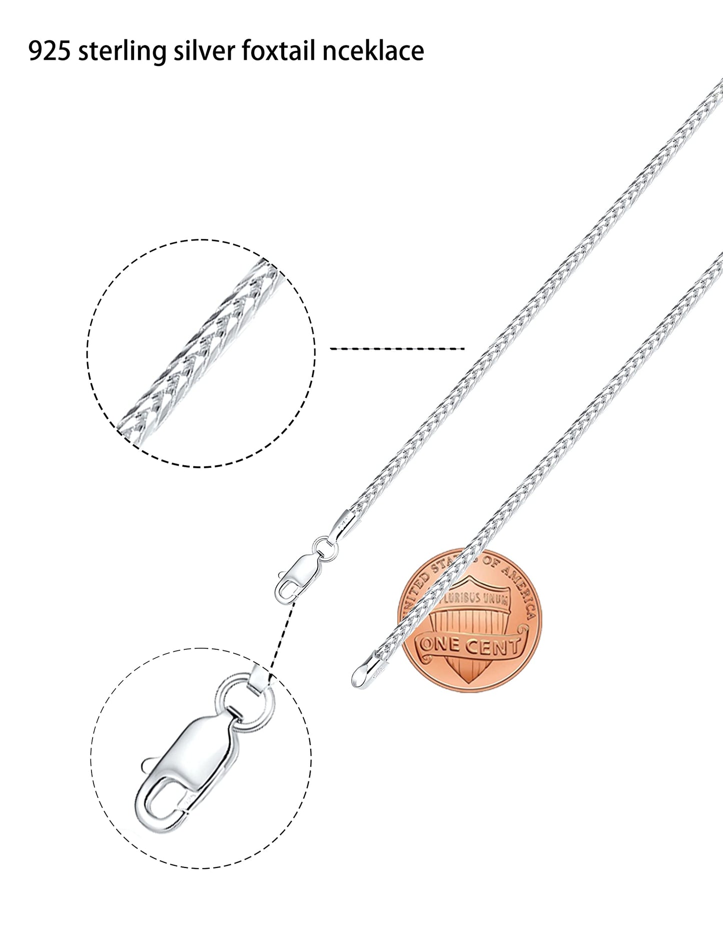 Waitsoul Sterling Silver Square Foxtail Box Chain with Lobster Clasp - 2mm Franco Chain for Men & Women - 30 Inch