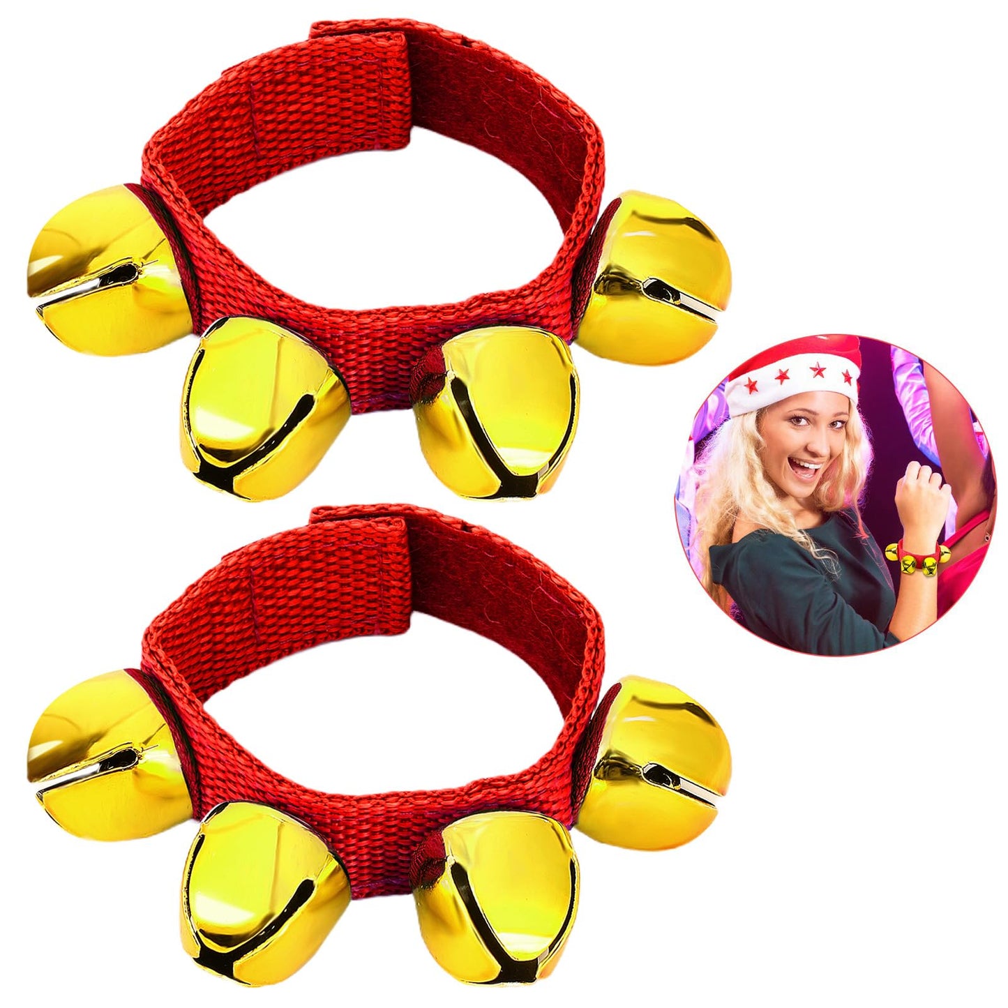 Augshy 2 Packs Christmas Wrist Bells, Red Wrist Band Jingle Bells Bracelets with Gold Bells Adjustable Hand Ankle Bells Musical