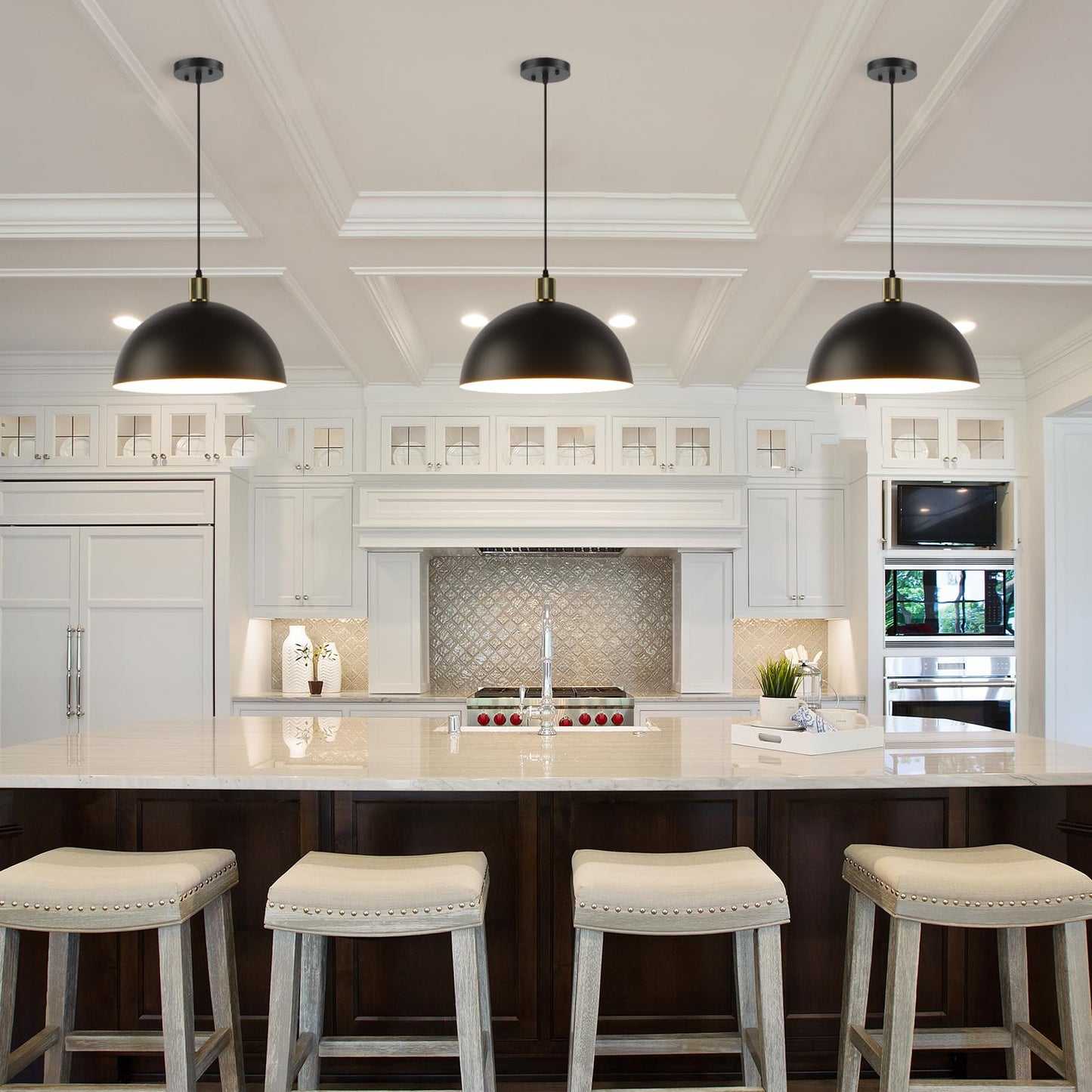 Karjearl Black Pendant Light Fixtures 2 Pack  15.7 Inch Large Dome Pendant Lighting Farmhouse Vintage Chandelier For Kitchen Island Dining Room