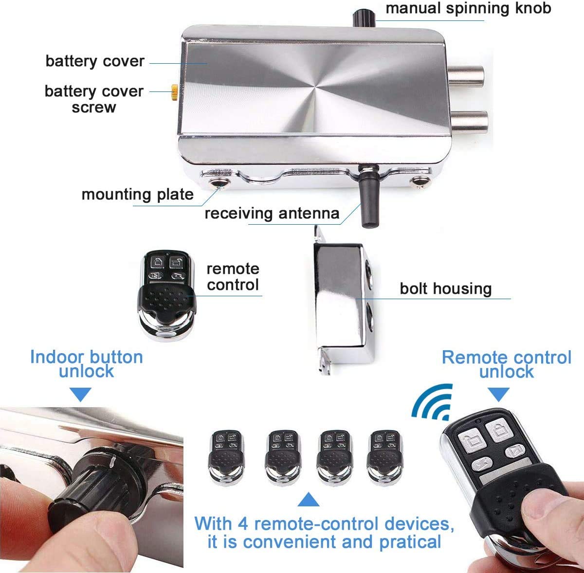 Electronic Deadbolt Door Lock, Smart Wireless Anti-Theft Home Security Keyless Deadbolt Access Control System with 4 Remote Control