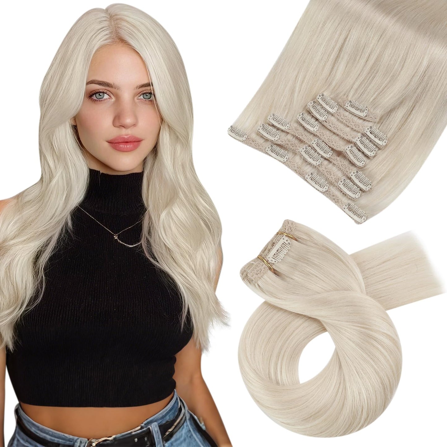 Moresoo Blonde Clip in Hair Extensions Remy Human Hair Platinum Blonde Human Hair Clip in Extensions #60 7Pcs/120G 20inch