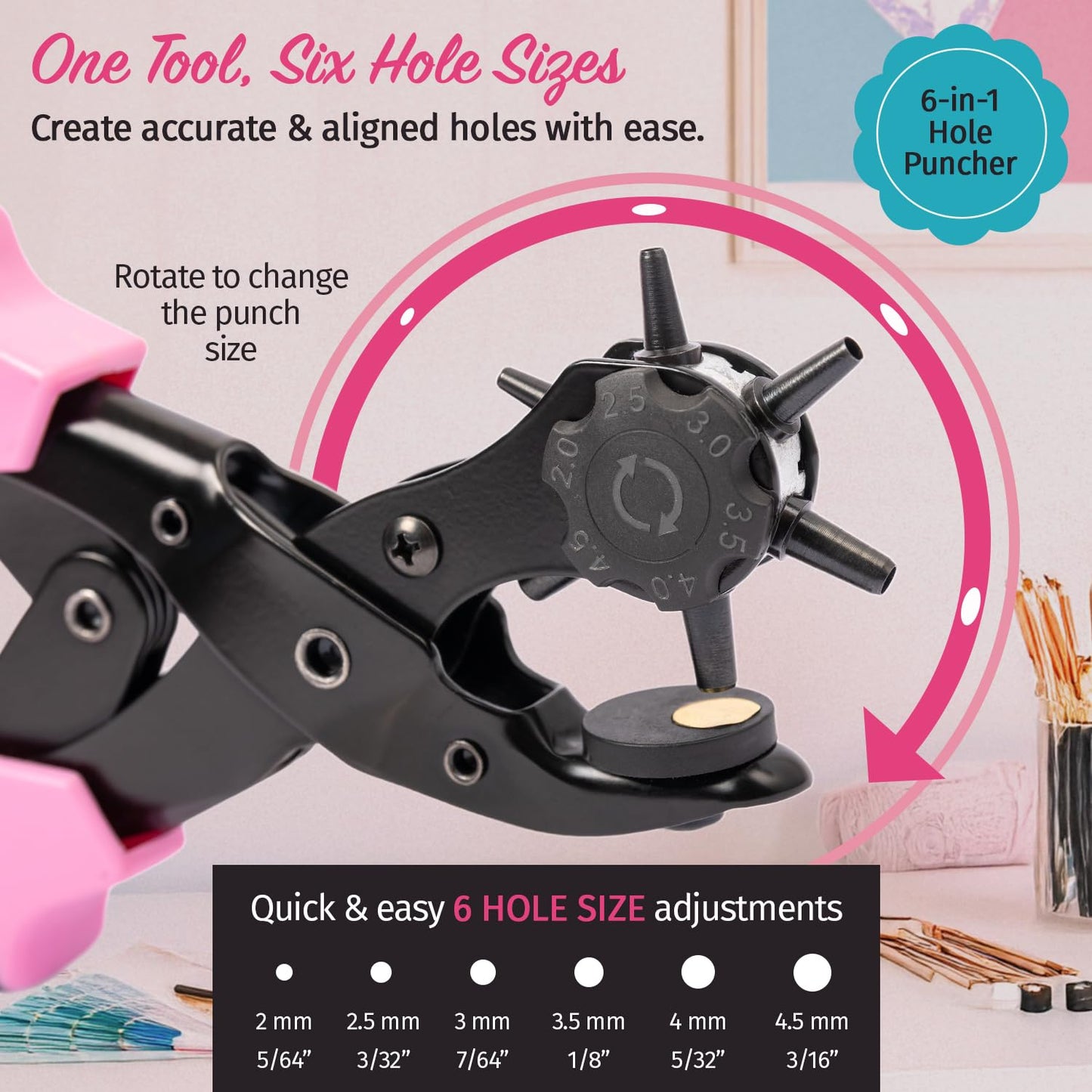 Precision Leather Hole Punch Tool, Best for Belts, Fabric, Leather (Up to 5mm Thick), Multi-Size Puncher for DIY, Craft & Home Projects, Comfortable for Smaller Hands with Reduced Handle Spread, Pink