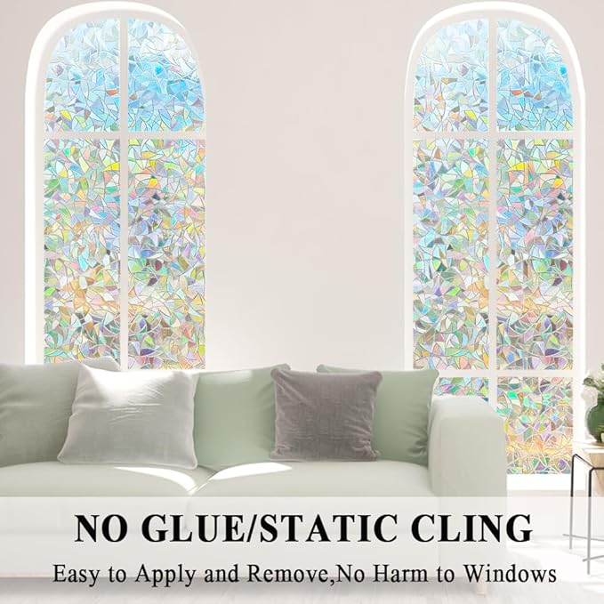 3D Prism Window Film,Transparent Decorative Glass Film Window Door Tint,Rainbow Effect Static Cling Heat Control Anti UV for Kitchen,Dining Room,Bedroom,Living Room,35 inches by 157 inches