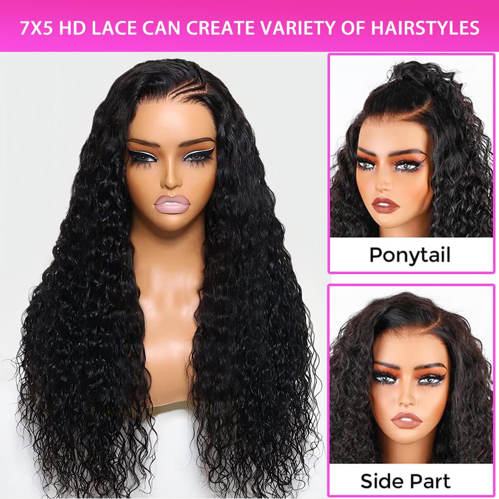 22 inch Curly 7X5 Glueless Wigs Human Hair Pre Plucked Pre Cut Pre Bleached Knots,Wear and Go Water Wave Lace Front Wig with Nat