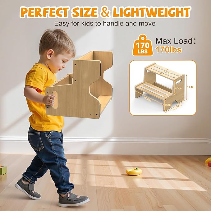 Step Stool for Toddler, Sturdy Wooden 2-Step Stool with Anti-Slip Surface and Pads for Barthroom, Kitchen, Bedroom, Toilet, and Potty Training - 1 Pack