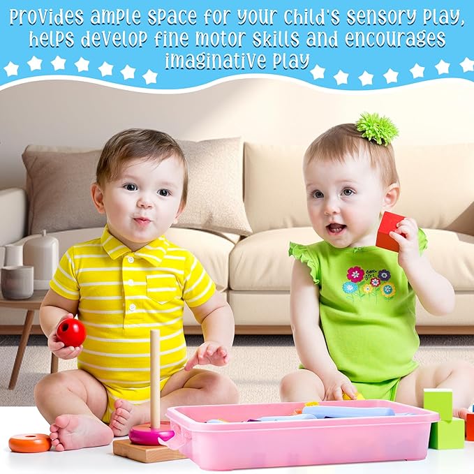2 Pcs Sensory Bins Sand Tray with Lid, 15in Stackable Leak-Proof Plastic Sensory Tray for Sand & Water Play, Portable Bin for Kids 3 4 5 6, Easy Clean, Indoor Outdoor(Pink, Turquoise)