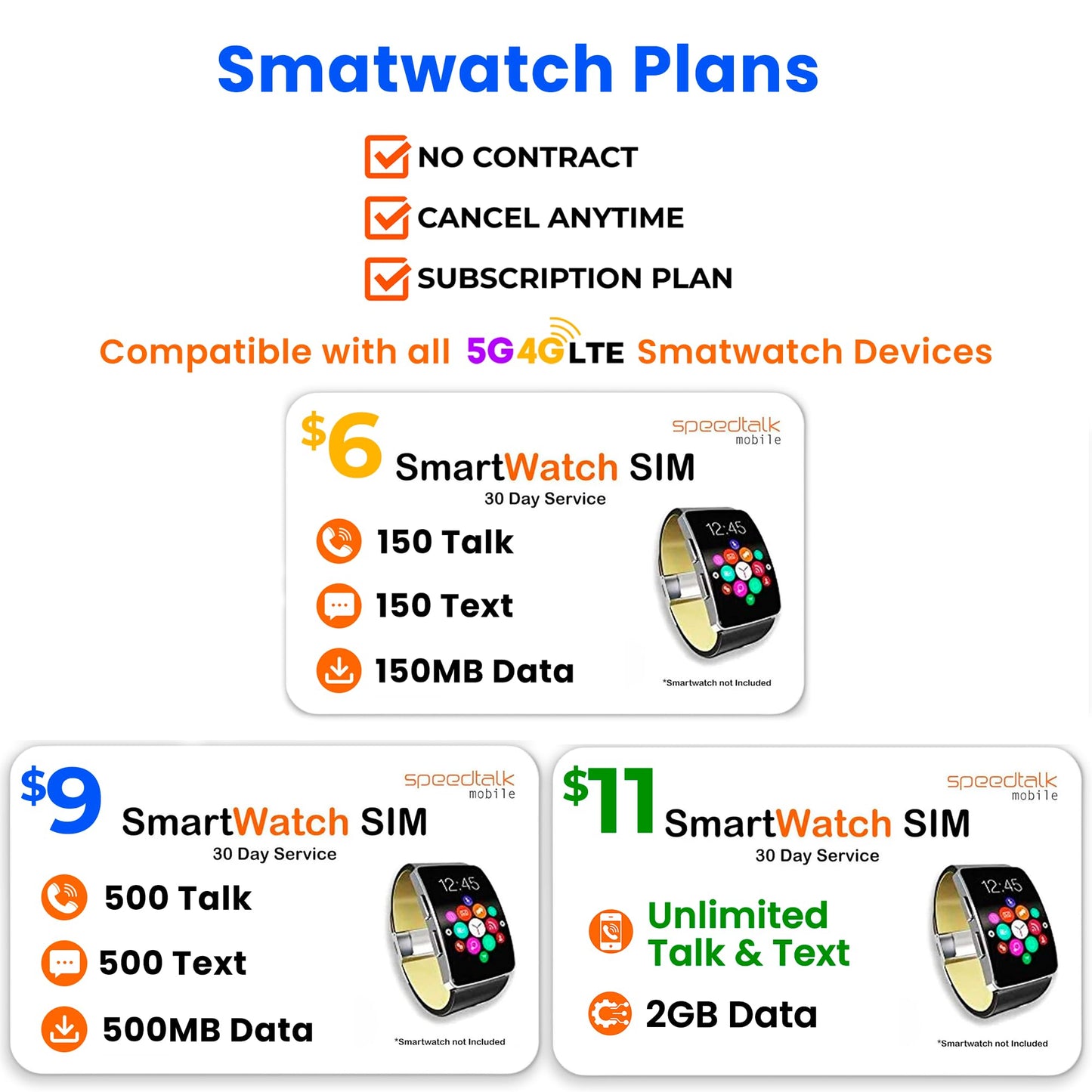Speedtalk Mobile Smart Watch Sim Card 5G 4G Lte Gsm Smartwatches And Wearables | 1000 Minutes Talk 500Mb Data | 3 In 1 Simcard S