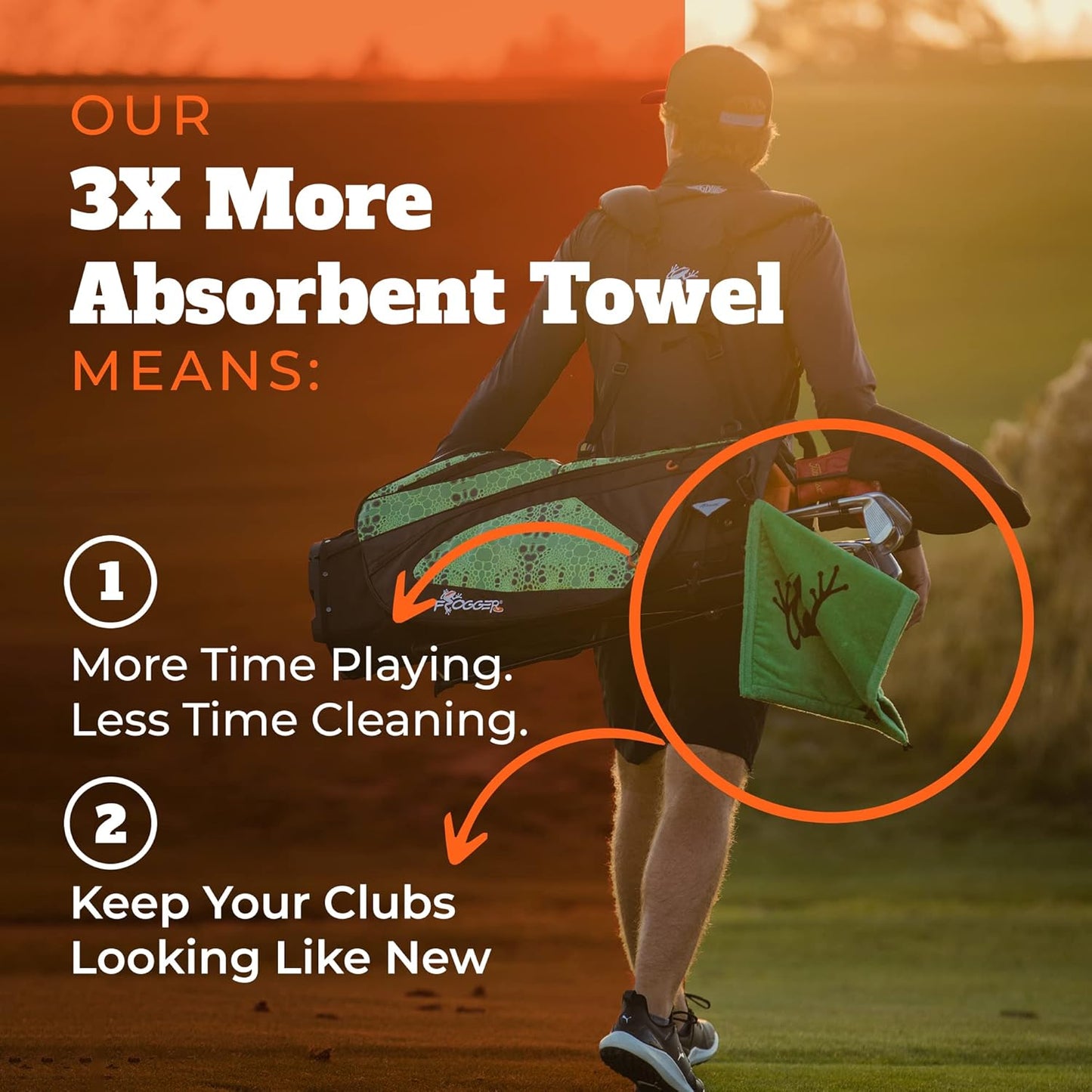 Frogger Amphibian 2-in-1 Golf Towel with Wet and Dry Technology, Black/Grey, Premium Golf Bag Accessory with Carabiner Clip, Ultra Absorbent, for Golf Dads