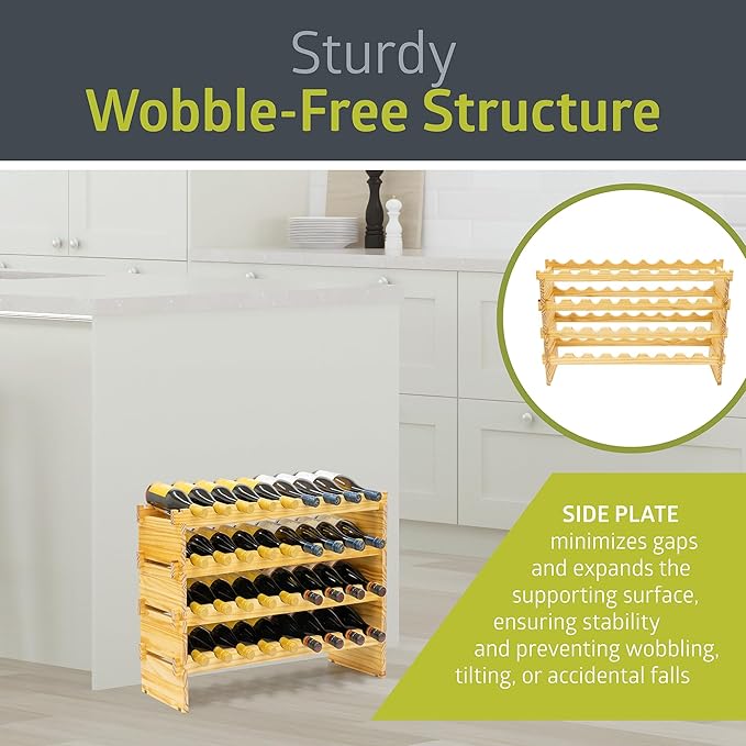 Pearington 36 Bottle Stackable Modular Wine Rack, 4-Tier Solid Pine Wine Bottle Holder, Free Standing Display Shelf, Wobble-Free Shelves for Kitchen, Bar, and Cellar, 10” x 33.5” x 21”