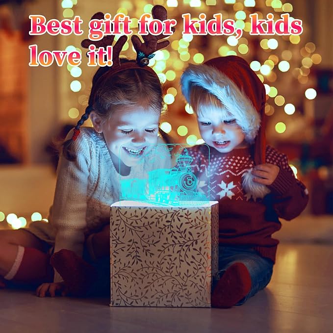 Train Night Light, 3D LED Night Lamp for Boys - Trains Themed Bedroom Lamps, Optical Illusion Lamp with Remote Control, Perfect for Kids' Room Décor, Cool Gifts for Trains Lovers(Steam Train 2)