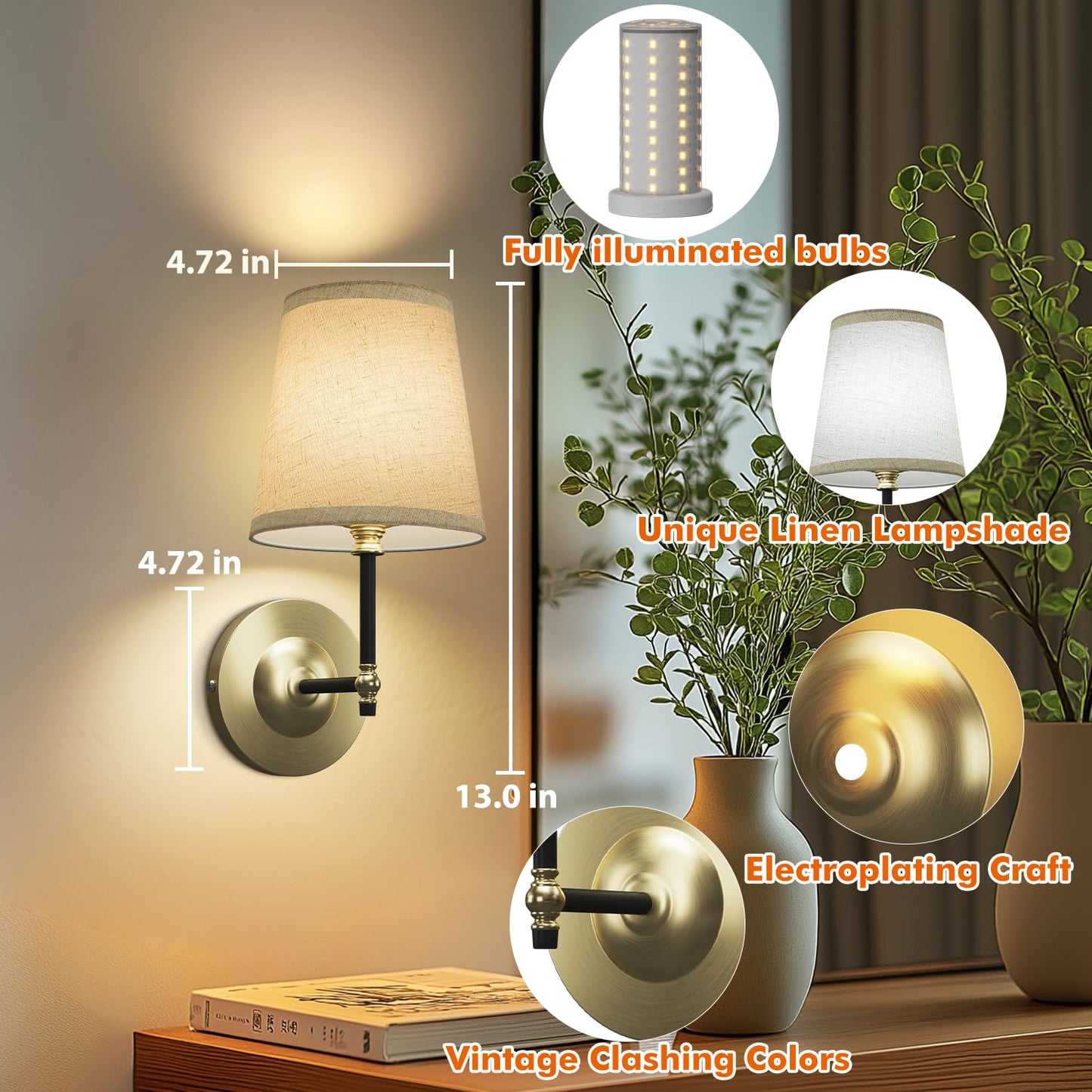FUNTAPHANTA Battery Operated Wall Sconce Set of Two - Remote Control, Dimmable, Wireless, Black Gold, Model FH-WS01-BG2