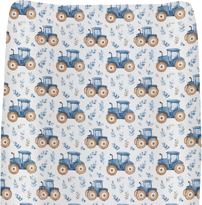 Watercolor Blue Tractors Baby Changing Pad Covers for Boy Girl Farm Tractors Boho Leaves Fitted Change Table Mats Farm Life Soft Diaper Change Table Cover Sheets for 32''×16'' Contoured Pad