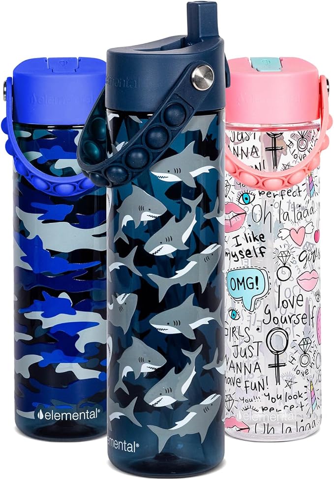 Elemental Splash Water Bottle with Straw - BPA-Free Tritan Plastic Reusable Water Bottle with Pop It Strap - Ideal for Travel, Gym and Sports - Leak Proof when Spout is Closed - 26oz - Shark