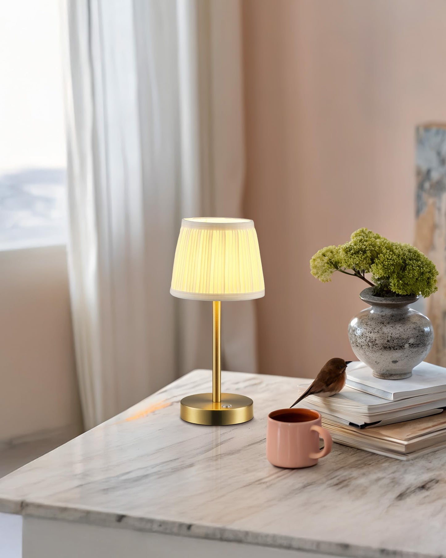 Pusu Cordless Led Gold Table Lamp  Rechargeable 4000Mah 3 Way Dimmable Bedside Small Lamp With Fabric Shade  Lighting For Bedroom  Kids Room  Bathroom  Kitchen  Home Decor  Gift  Night Light