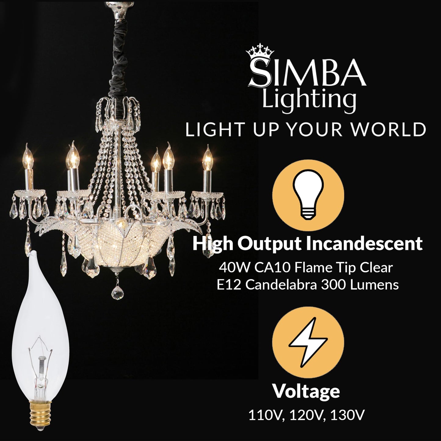 Simba Lighting Candelabra Flame Tip Clear Ca10 40W E12 Base (12 Pack) Decorative Incandescent Light Bulbs 120V For Chandeliers  Ceiling Fan Lights  Pendants  Wall Sconces  Dimmable  Warm White 2700K