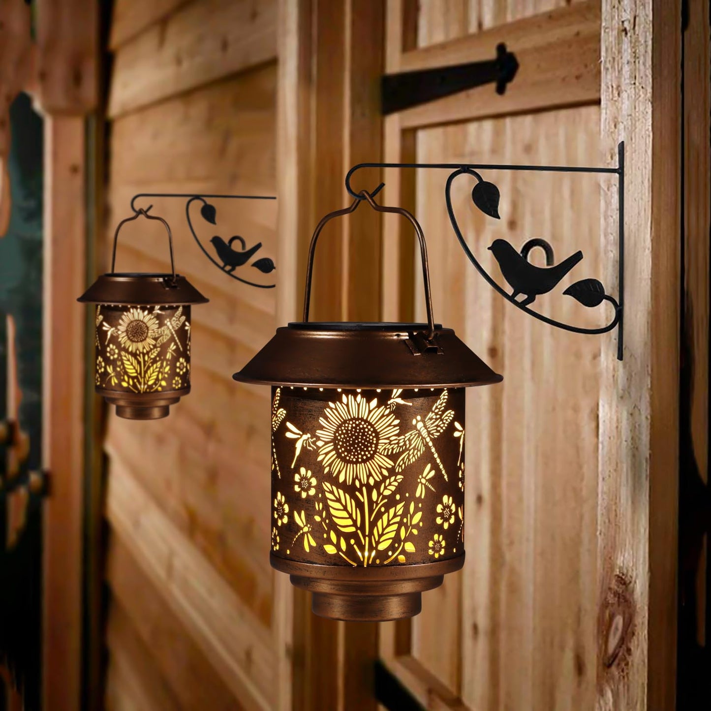 Solar Lantern Outdoor Hanging Sunflower Lights Gifts For Women Mom Metal Garden Decor Outside Waterproof Led Lanterns For Patio(Dragonfly + Sunflower)