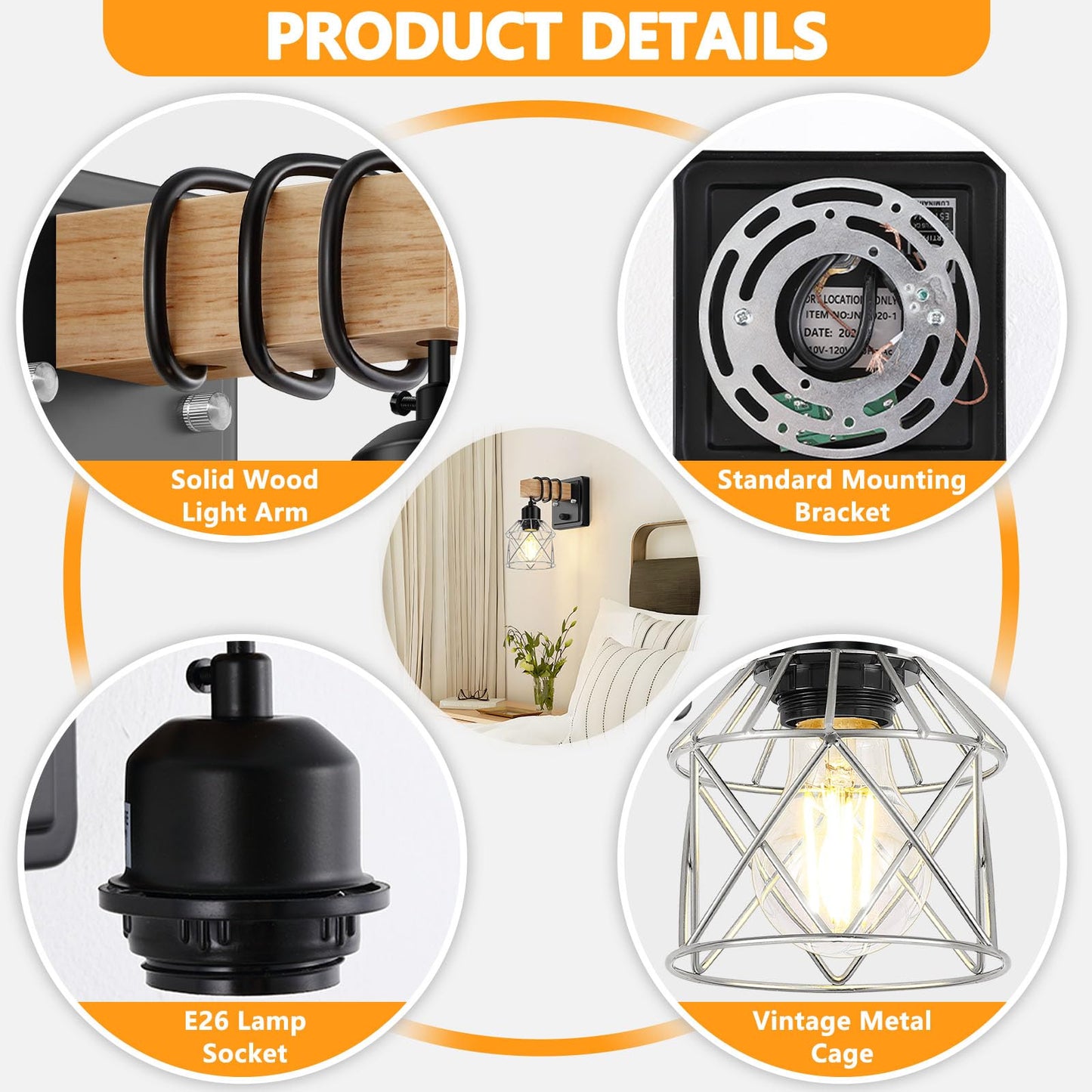 Fadimikoo Wall Sconces Set Of Two  Bedside Wood Wall Lamps With Rotary Switch  Black Bathroom Vanity Light With Silver Wire Cage  Rustic Dimmable Sconces Wall Lighting For Living Room  Hallway  Mirror