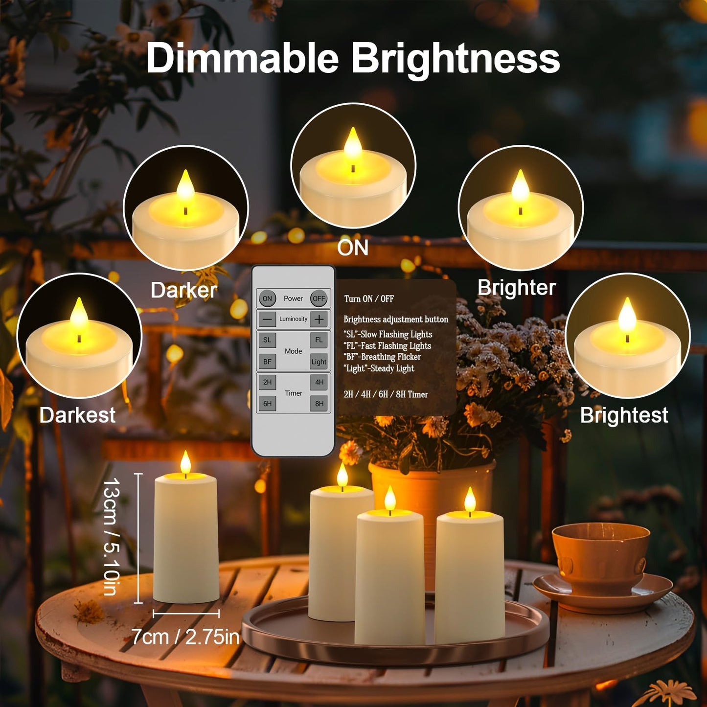 SoulBay Flameless LED Candles, 4-Pack USB Rechargeable, Flickering Waterproof White Pillar Candles with Remote Control Timer for Outdoor Lantern Patio Yard Indoor Holiday Decor, 2.75 x 5.1 Inches