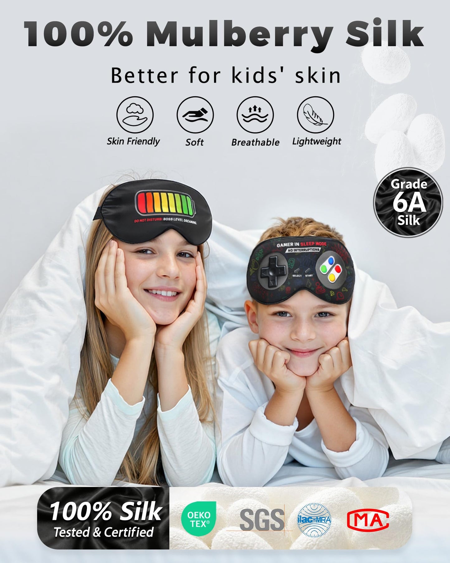 BeeVines 100% Real Mulberry Silk Sleep Mask 2 Pack, Original Design Game Themed Pure Silk Blackout Eye Cover for Kids & Adults, Adjustable Strap, Skin-Friendly Eye Mask, Reduce Puffy Eyes, for Travel