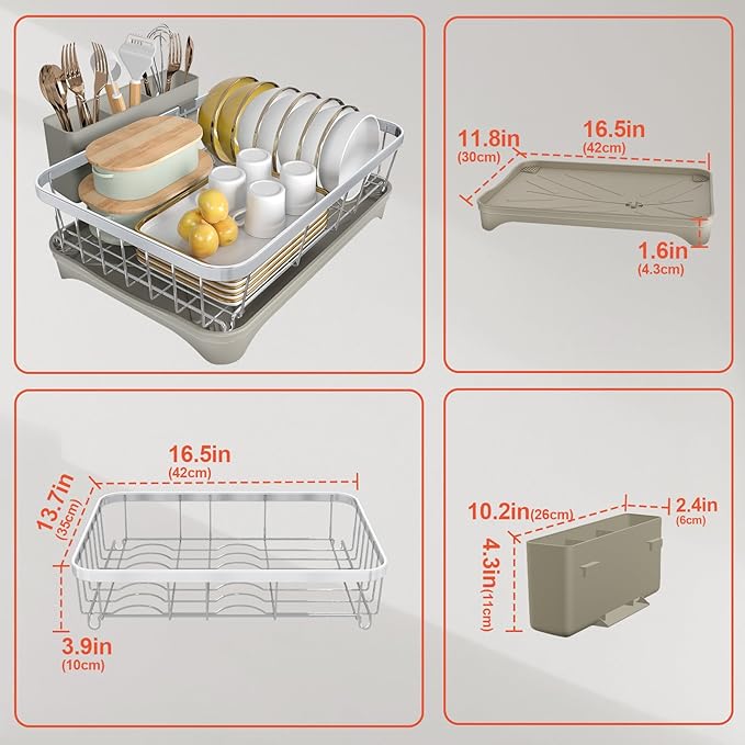 Dish Drying Rack - 304 Stainless Steel Dish Rack with Utensil Holder & Adjustable Spout, Space-Saving Organizer, Large Capacity for Bowls, Dish Drainer with Drainboard, Grey