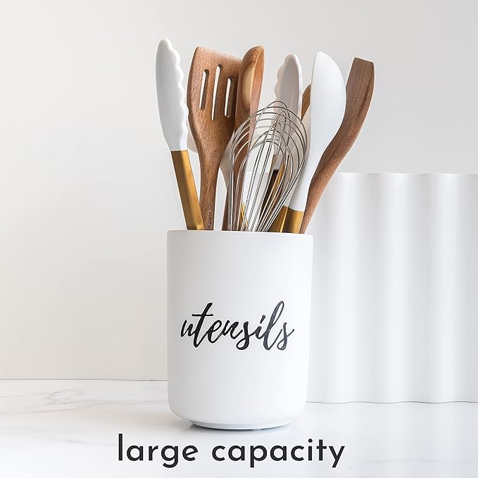 STYLED SETTINGS White Utensil Holder for Countertop - Rustic Farmhouse Organizer for Extra Large Utensils - Heavy and Durable Utensil Holder for Modern Farmhouse Decor and Kitchen Accessories