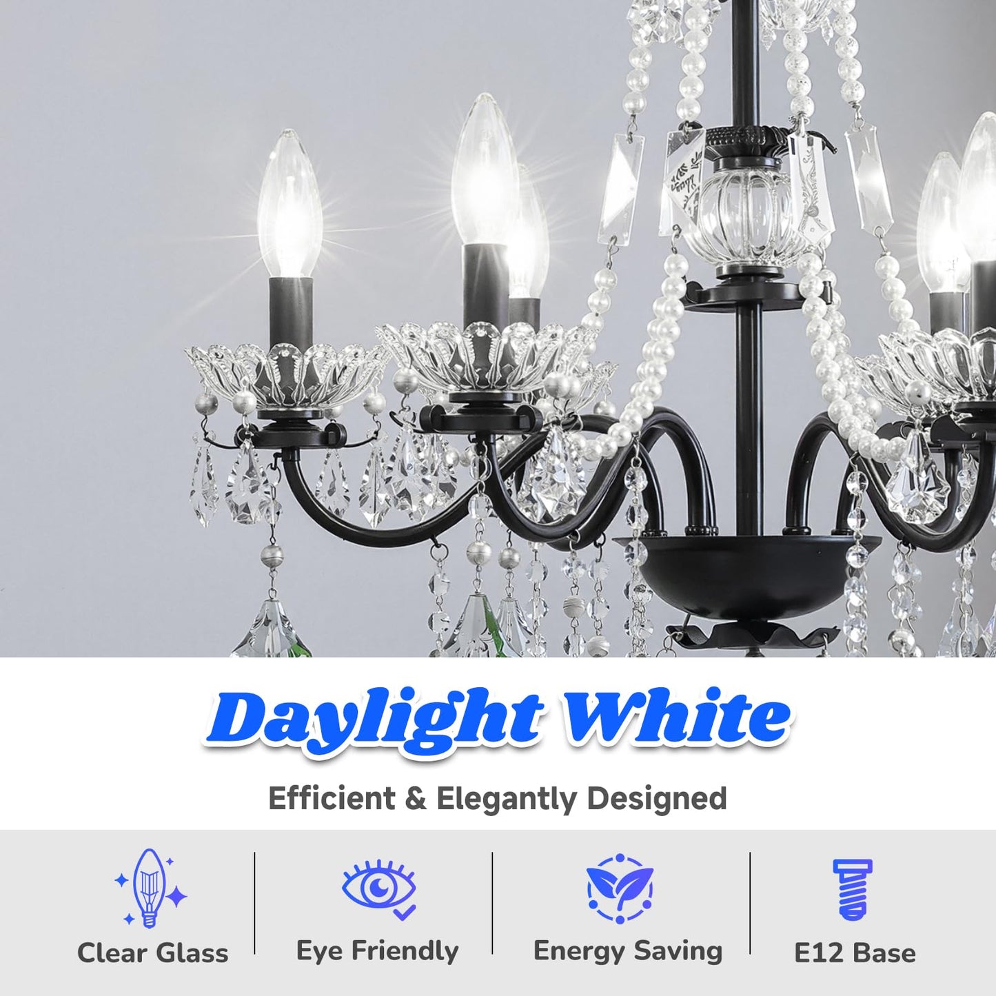 MAXvolador E12 LED Candelabra Bulb 40W Equivalent, 500LM Chandelier Light Bulb, Daylight White 5000K, B11 Filament Clear Glass Candle Base Light Non-Dimmable, 12 Pack