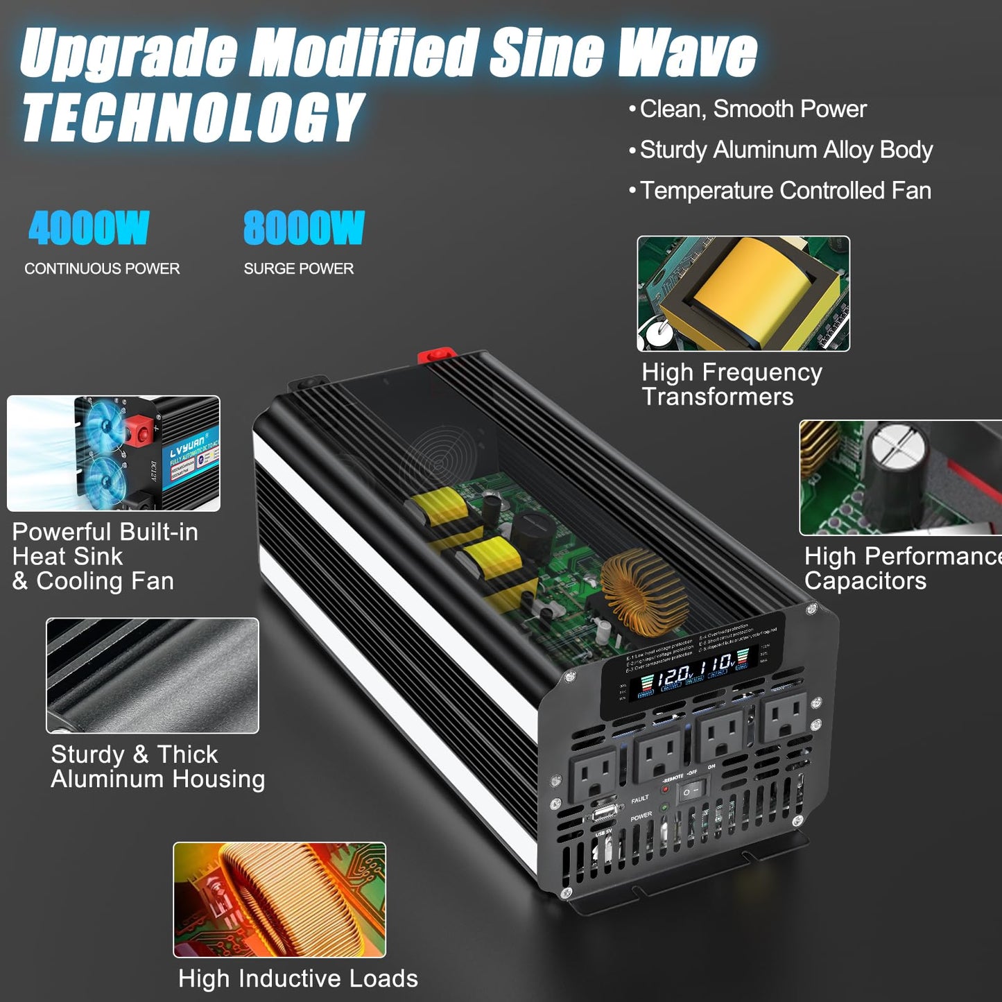 Lvyuan 4000 Watt Power Inverter 12V To 110V 120V For Vehicle, Solar Inverter System, Heavy Duty, Rv, Truck, Off Grid,Camping Wit