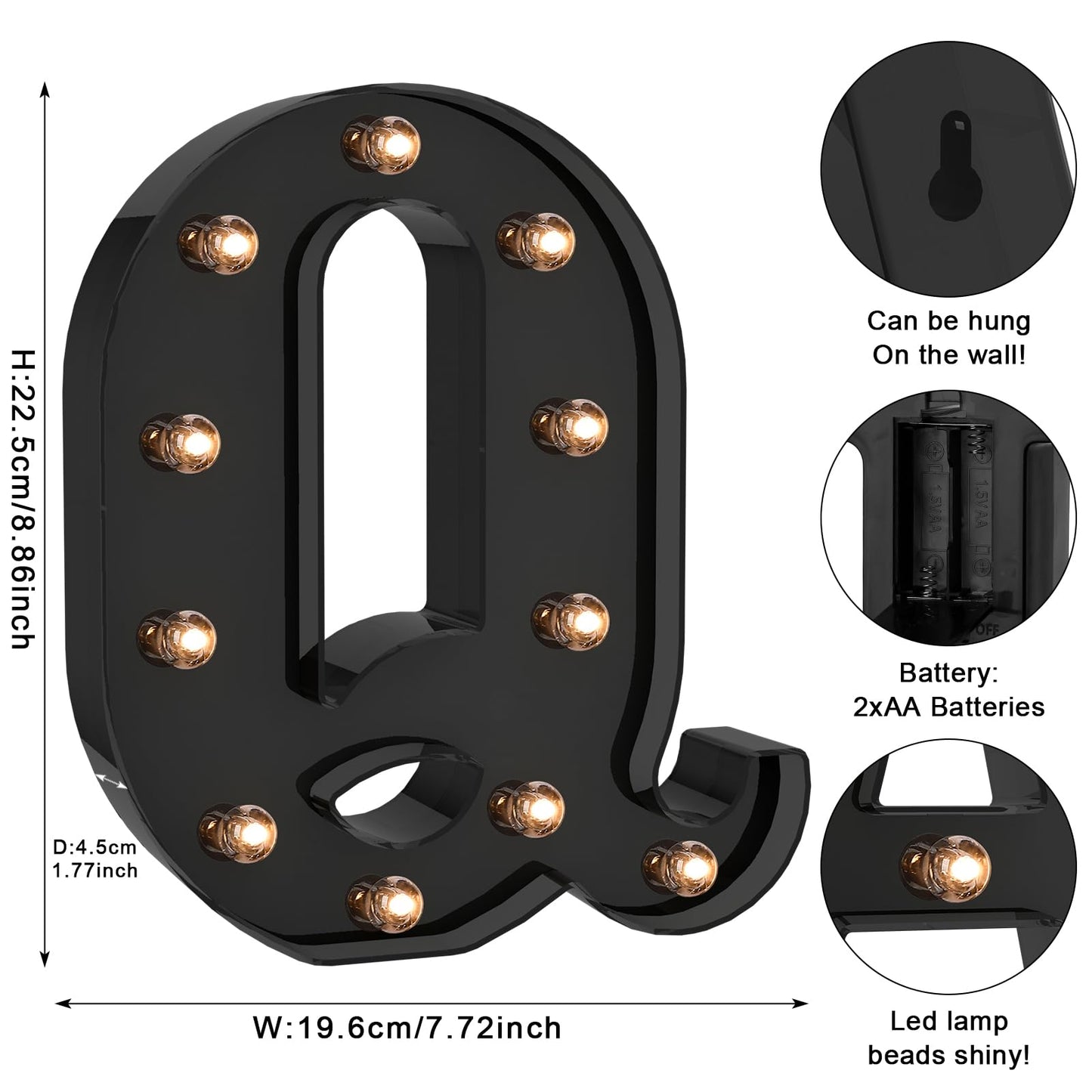 Foaky Black LED Letter Light - Battery Operated Alphabet Decor, Size Q, Plastic Material for Home, Wedding, and Party