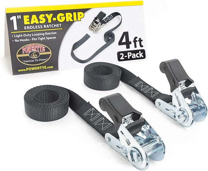 PowerTye - Endless Ratchet Strap - 1in x 4ft Easy Grip (Hookless), Tie Down Strap w/ 400 lb. Working Load Limit / 1,200 l...
