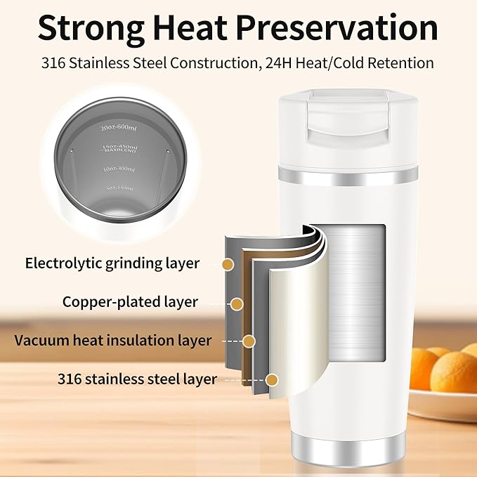 Portable Blender for Smoothies&Shakes 24oz Insulated Cup Cordless, Personal Small Licuadora Portatil With Stainless Steel Bottle, USB-C Rechargeable Travel Blender, BPA Free, for Juicing(White)