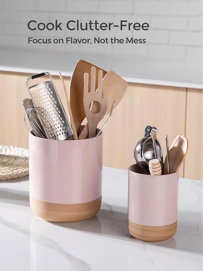 AmorArc Ceramic Utensil Holder, 7.25"+5.4" Cooking Utensil Crock for Countertop, Kitchen Countertop Organizer with Rustic Terracotta Underside for Spatula, Set of 2