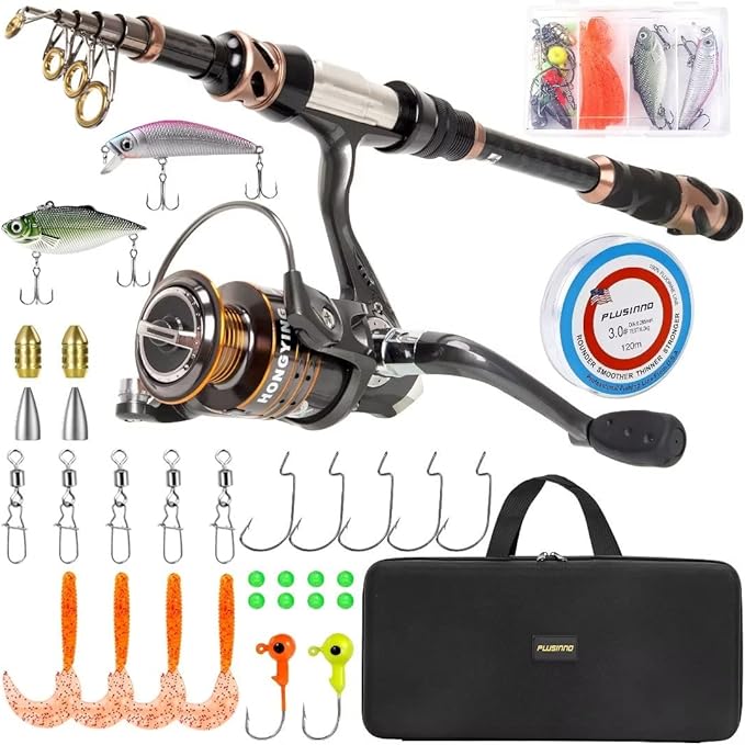 PLUSINNO Fishing Rod and Reel Combos - Carbon Fiber Telescopic Fishing Pole - Spinning Reel 12 +1 Shielded Bearings Stainl...