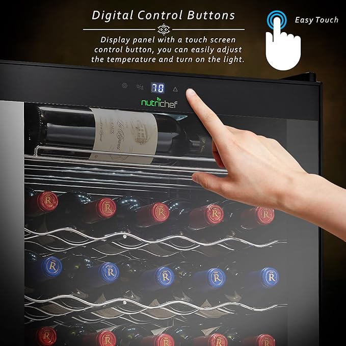 NutriChef PKCWC340 Wine Fridge, 34 Bottle Single Zone Beverage Chiller, 93.5L Capacity, 33x19x17 IN, Black