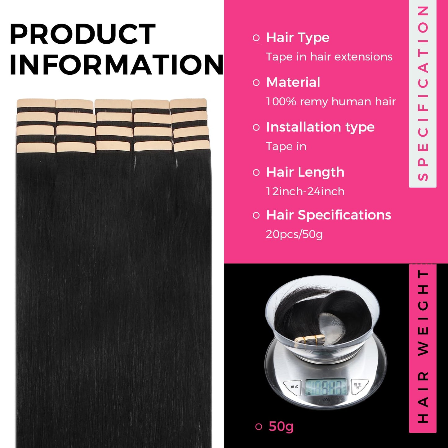 Lashey Tape in Hair Extensions Human Hair Yaki Straight 20pcs 50g Soft Invisible Double-Side Tape ins 14 Inch Natural Black for
