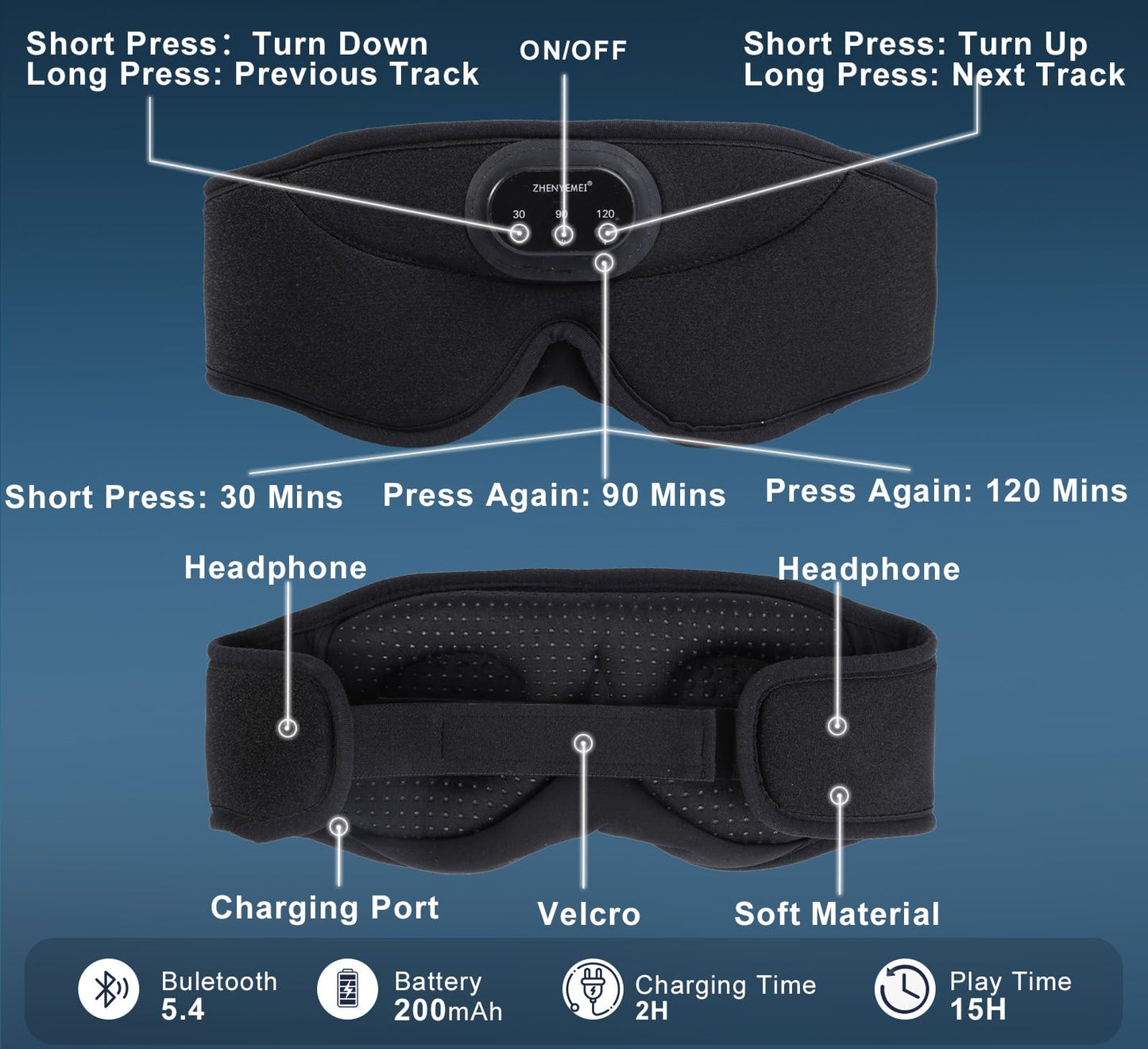 ZHENYEMEI Bluetooth Sleep Mask with Smart Timing, 100% Blackout 3D Contoured Eye Mask for Sleeping & Music Auto Shut Off, Breathable No Pressure for Side Sleeper Travel Essential Gift for Women Men