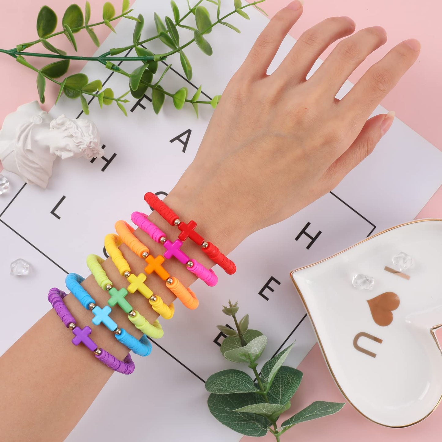 Rainbow Cross Beaded Bracelets for Women Cross Charm Bohemian Stackable Clay Beads Heishi Bracelets Set Colorful Religion Stretc