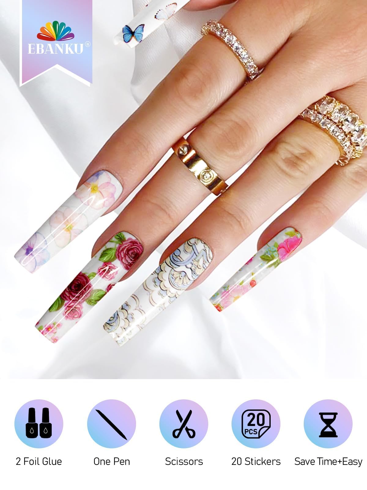 EBANKU Nail Foil Glue Gel, 20 Pcs Nail Art Foil with 30ML Glue, Flower Foils Transfer Stickers Transfer Foils Gels Polish Set fo