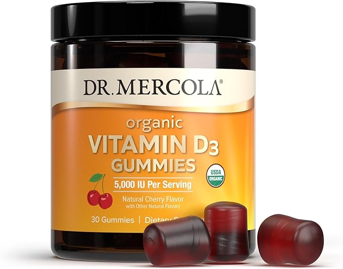 Dr. Mercola Organic Vitamin D3 Gummies, 30 Servings (30 Gummies), 5,000 IU, Natual Cherry Flavor, Dietary Supplement, Bone & Immune Support, Non-GMO