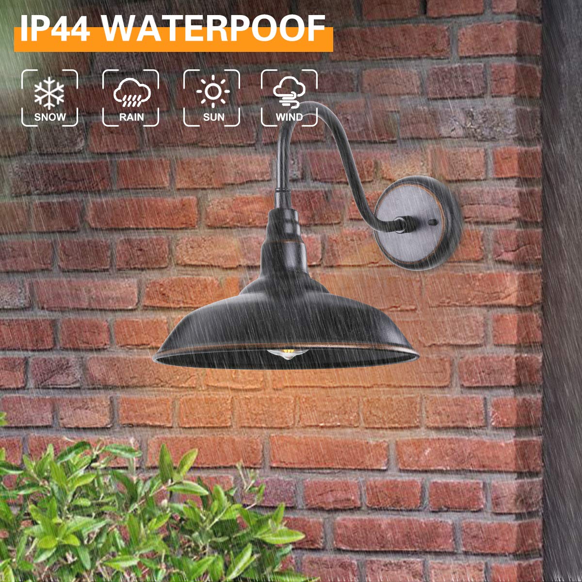 GOALPLUS Outdoor Gooseneck Barn Light, Waterproof Bronze, 14in Dome, Wall Sconce, Model LM2202-BR-2P, 2 Pack