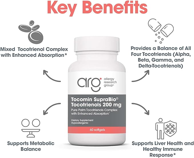 Allergy Research Group Tocomin SupraBio Tocotrienols 200 mg Supplement - Vitamin E, Palm Tocotrienol Complex, Delta Tocotrienols, Softgels - 60 Count