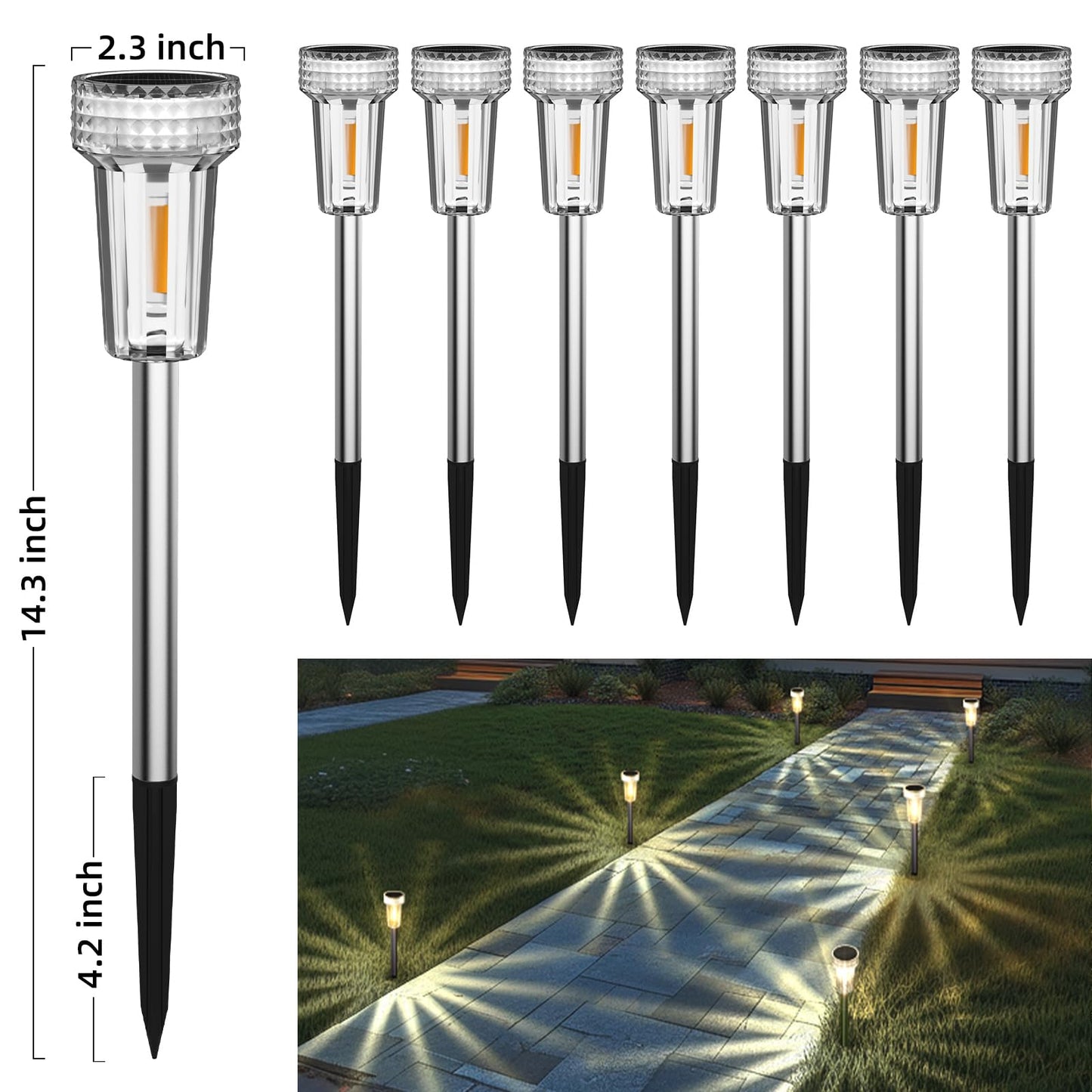 Deraysion 12 Pack Solar Lights Outdoor  Solar Pathway Lights Auto Dusk-To-Dawn Landscape Garden Lighting  Waterproof Stainless Steel Pole Lighting For Path  Yard  Walkway  Garden  Driveway