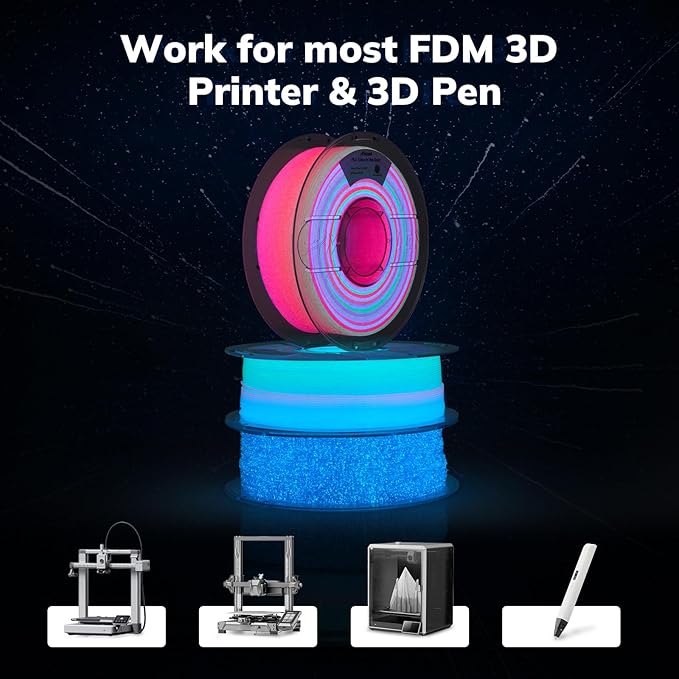 AMOLEN PLA Filament Glow in The Dark, Rainbow 5M Red, Blue, Green, Orange, Multicolor Fast Change 3D Printer Filament 1.75mm, Best with UV Lamps, 1KG Spool (2.2lbs), Dimensional Accuracy +/- 0.02 mm