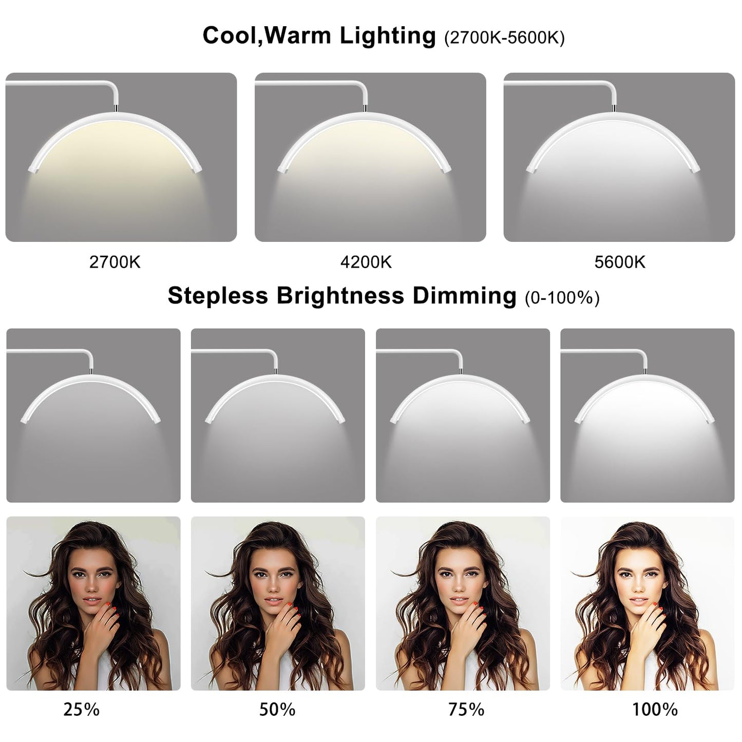 Ebrlaxin Half Moon Light - 22 Inch Led Lash Lamp For Eyelash Extensions For Tattoo Artists  Nail Tech  Esthetician - Cool  Warm Lamp With Adjustable Brightness & Height (White)