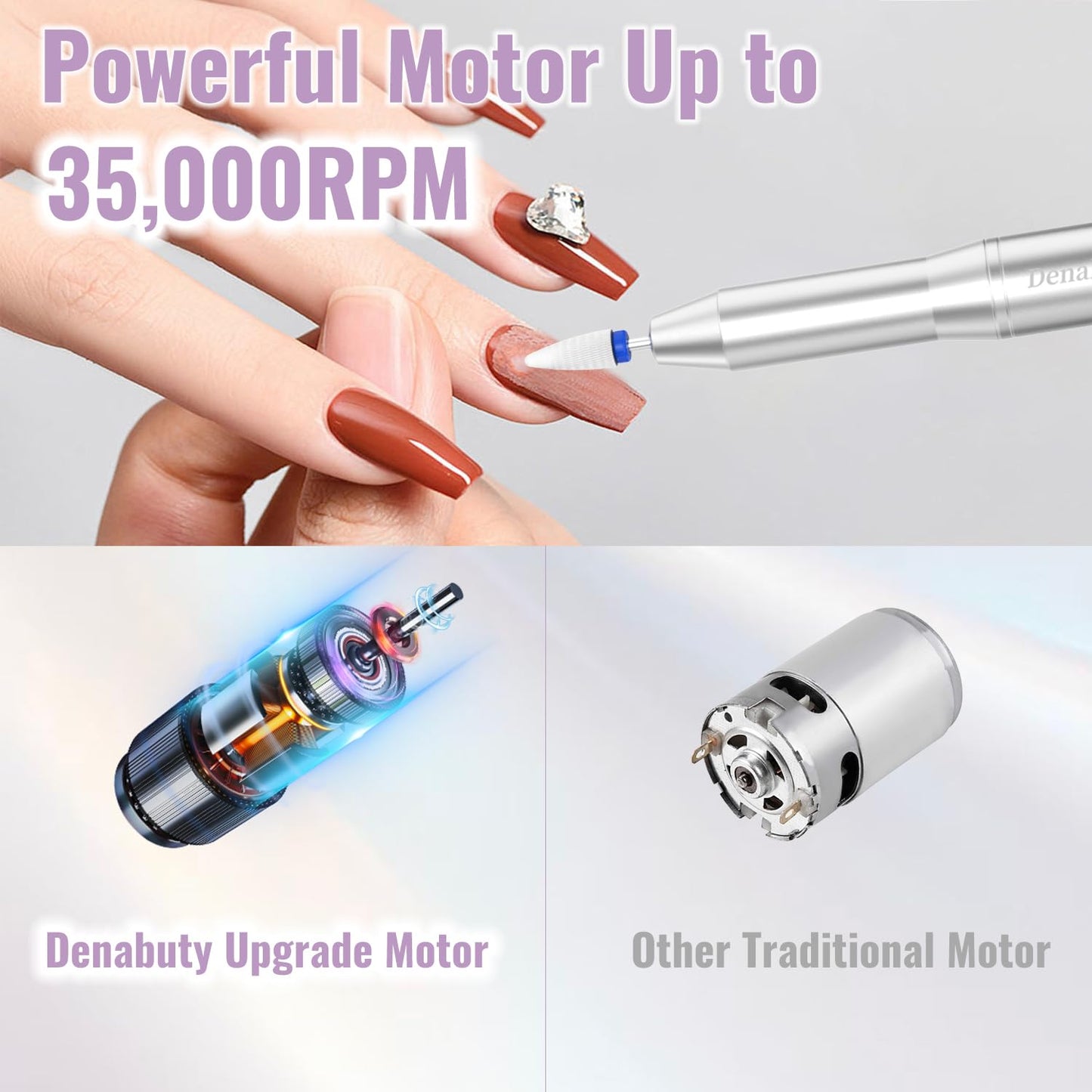 Denabuty Electric Nail Drill Cordless, 35000RPM Portable Electric Nail File with LCD Display and 12 Nail Drill Bits for Acrylic