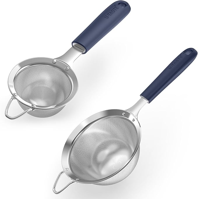 U-Taste Fine Mesh Food Strainer: 18/8 Stainless Steel 30 Mesh Kitchen Sieve with Sturdy Riveted Silicone Handle, Heavy Duty Deep Handheld Metal Colander (Small/3.35in+Medium/4.73, Midnight Blue)