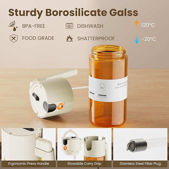 Upgrade 2 in 1 Oil Sprayer for Cooking, Olive Oil Dispenser Bottle for Kitchen Gadgets with Stickers, 17oz/500ml Food Grade Light-Blocking Glass Spray Bottle for Salad, Air Fryer, BBQ