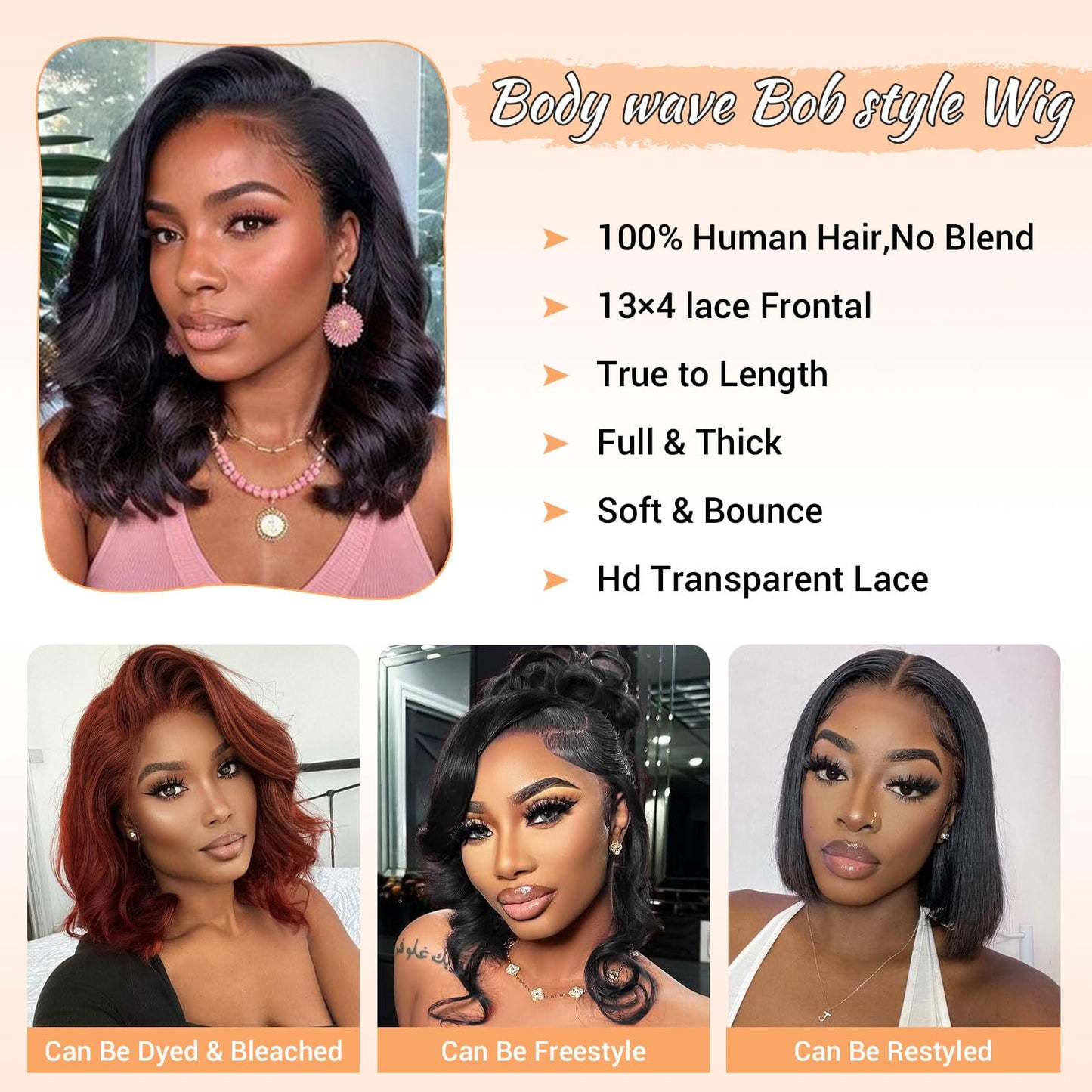MOOTAFUL Bob Wig Human Hair 13x4 HD Lace Front Wigs Human Hair Pre Plucked 14 Inch 200% Density Glueless Short Body Wave Bob Wig