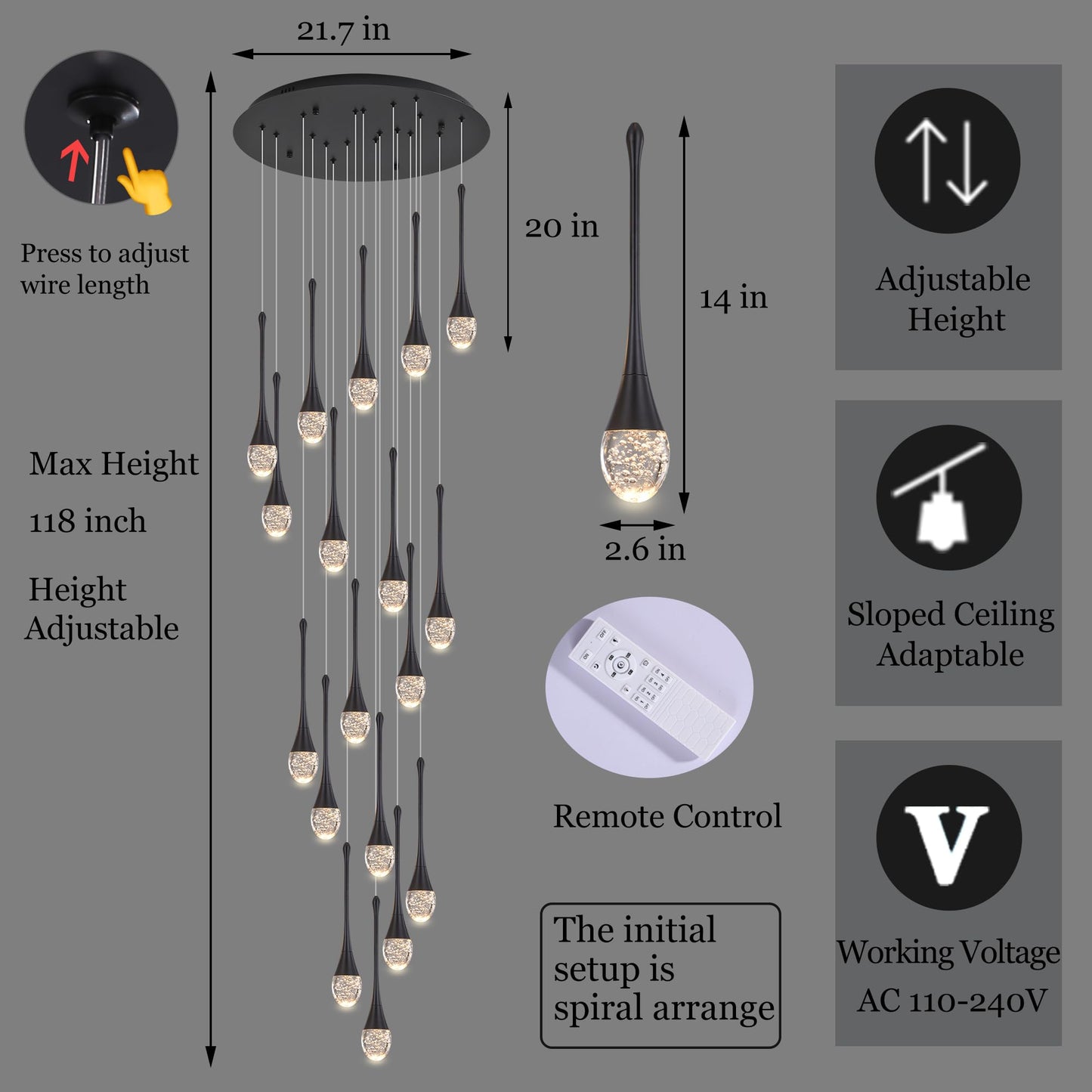 Upfelw Modern Crystal Chandelier 18 Lights Polished Black Large High Ceiling Spiral Dimmable LED Model UCC-B18-0436